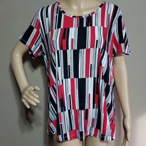 JM Collection artistic red white black cream rayon spandex top, sz L